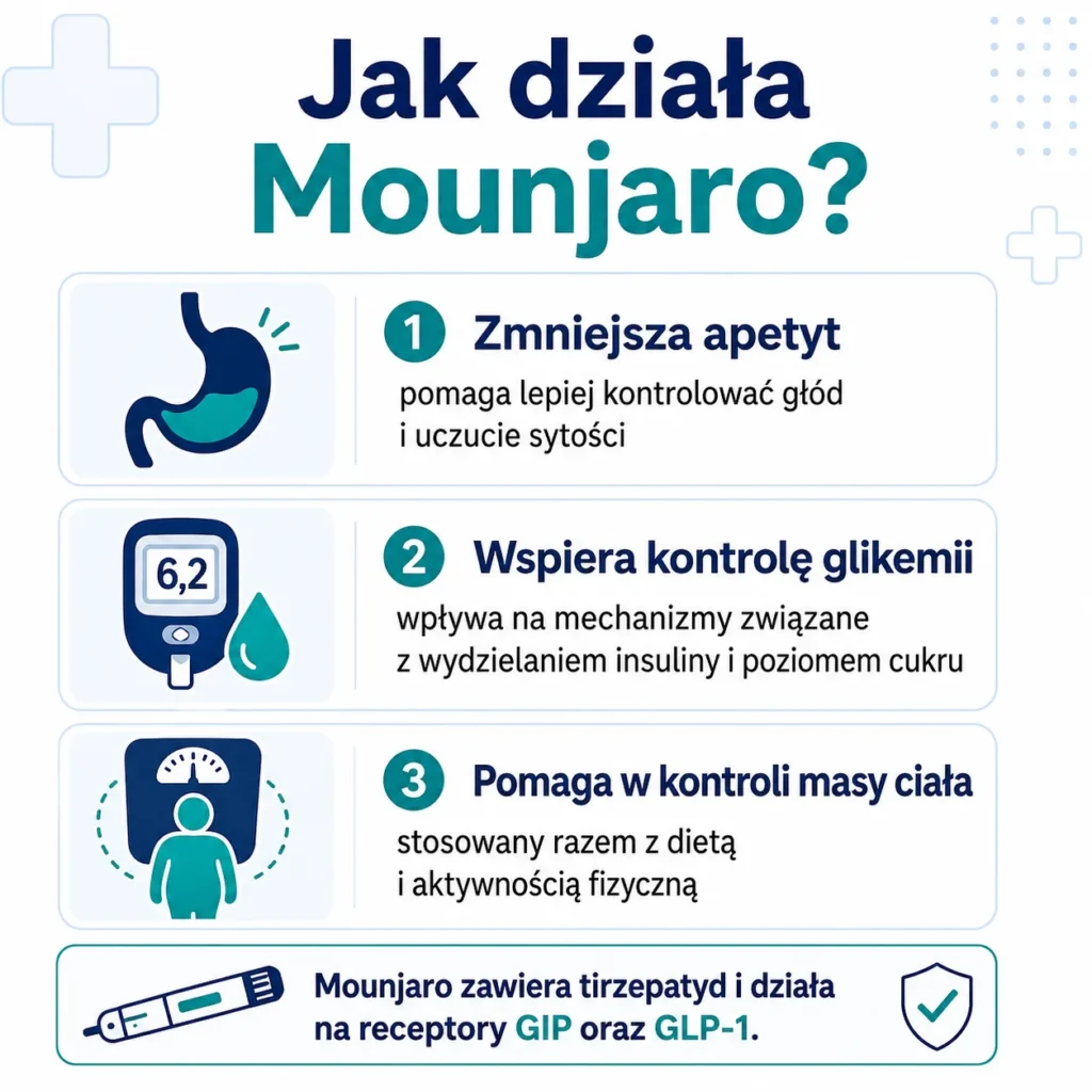Infografika wyjaśniająca, jak Mounjaro wpływa na apetyt, kontrolę glikemii i masę ciała