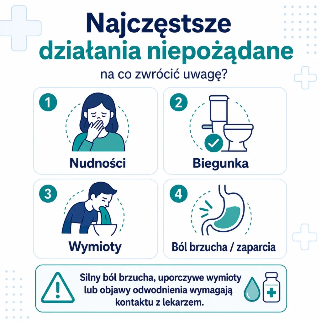 Najczęstsze działania niepożądane Mounjaro, takie jak nudności, biegunka, wymioty, ból brzucha i zaparcia