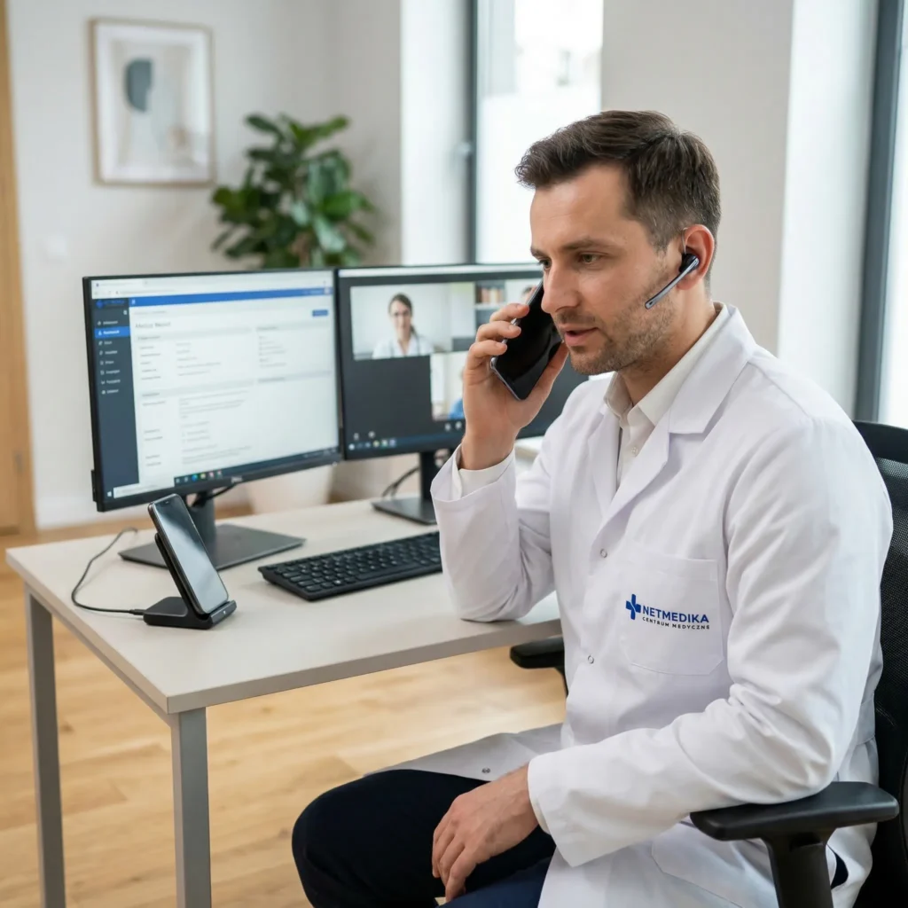 Lekarz Netmedika rozmawiający z pacjentem przez telefonem w celu uzyskania zwolnienia na 1 dzień