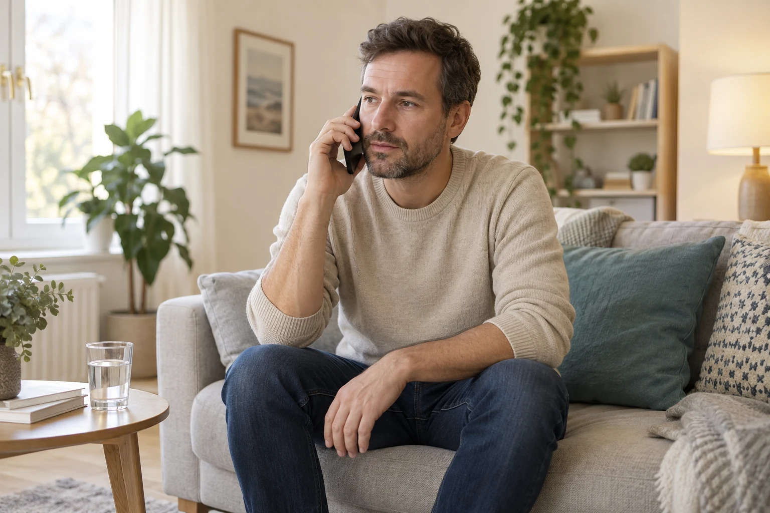 Mężczyzna siedzący na kanapie i rozmawiający przez telefon