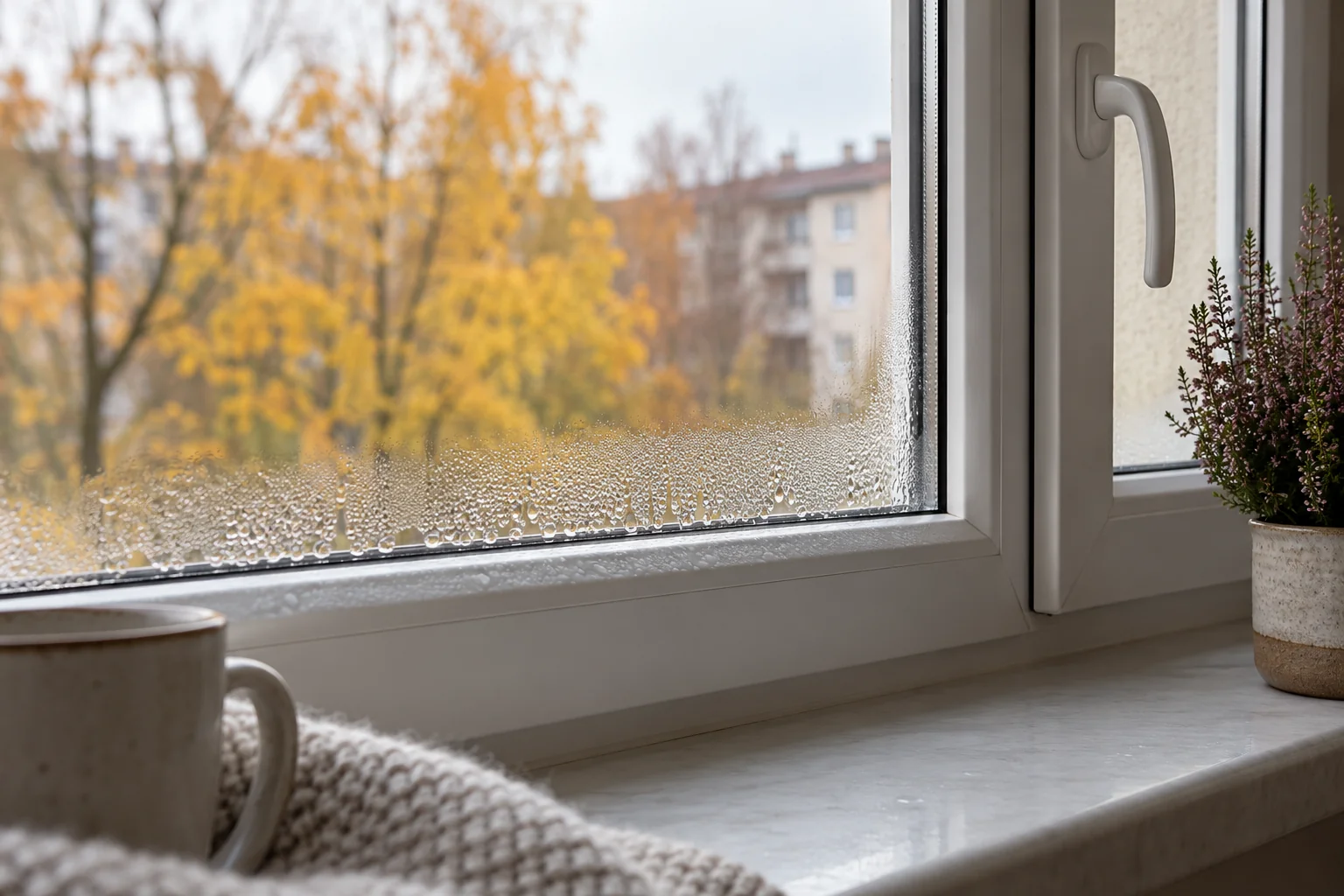 Krople skroplonej wody przy dolnej krawędzi okna w jesienny poranek