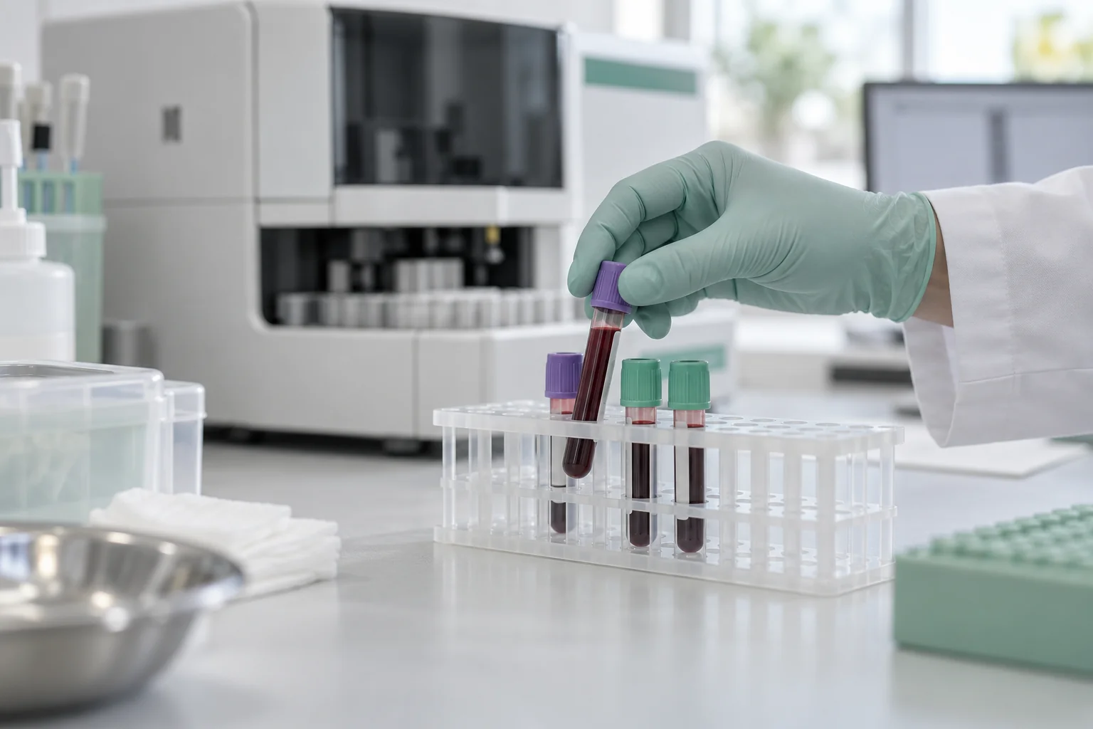 Zamknięte probówki z próbkami krwi w statywie na stanowisku laboratoryjnym