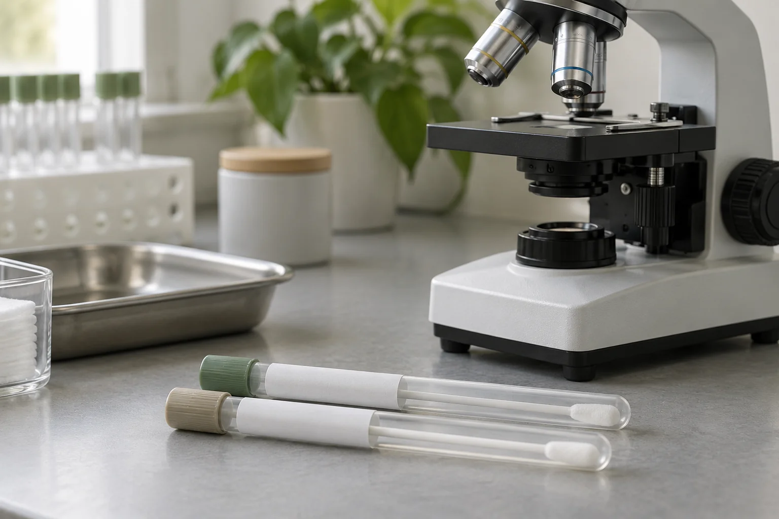 Mikroskop i zamknięte probówki wymazowe przygotowane do diagnostyki laboratoryjnej