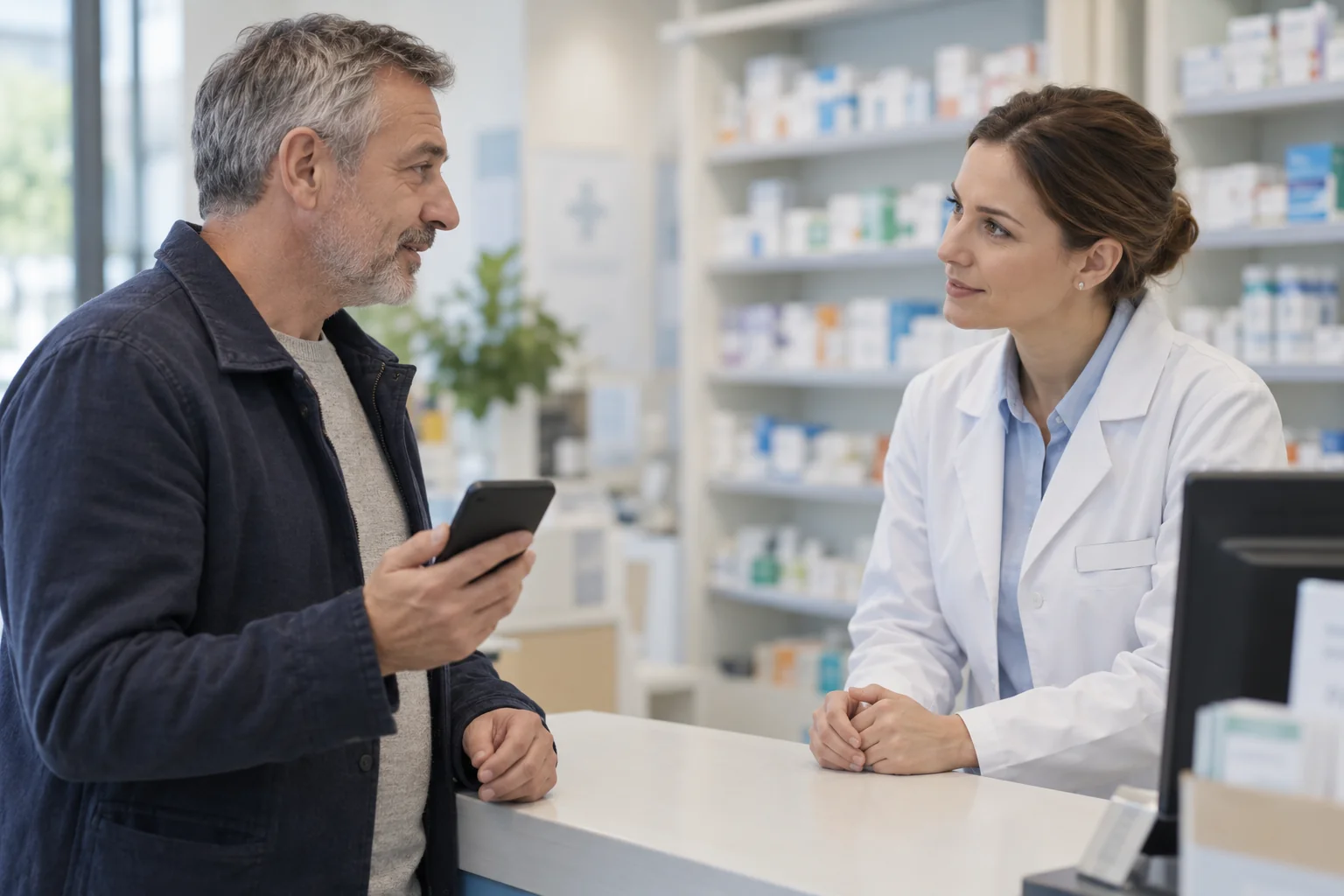 Pacjent z telefonem rozmawia z farmaceutką przy aptecznym blacie