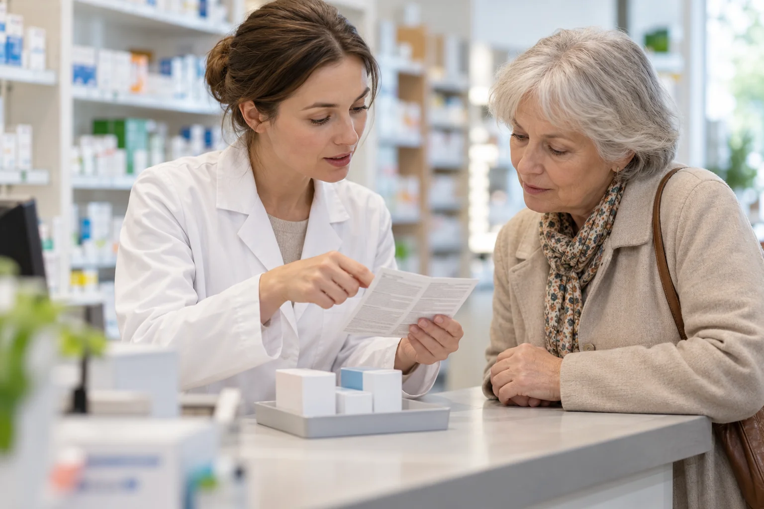 Farmaceutka omawia z pacjentką ulotkę i stosowane preparaty