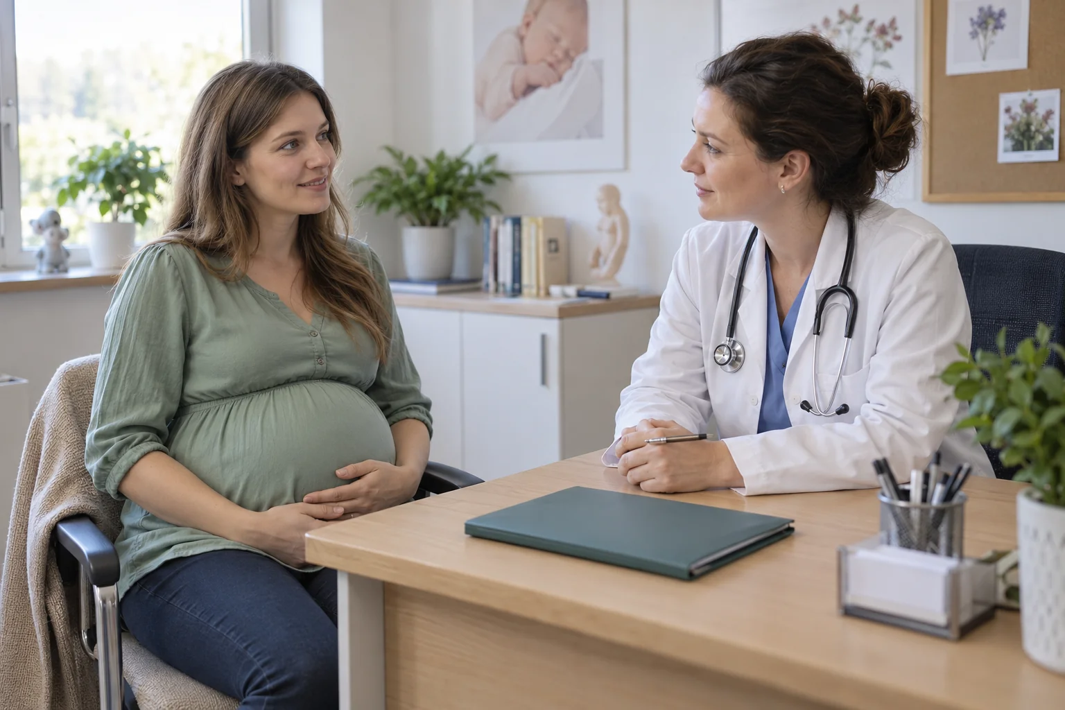 Kobieta w ciąży rozmawia z lekarką w gabinecie