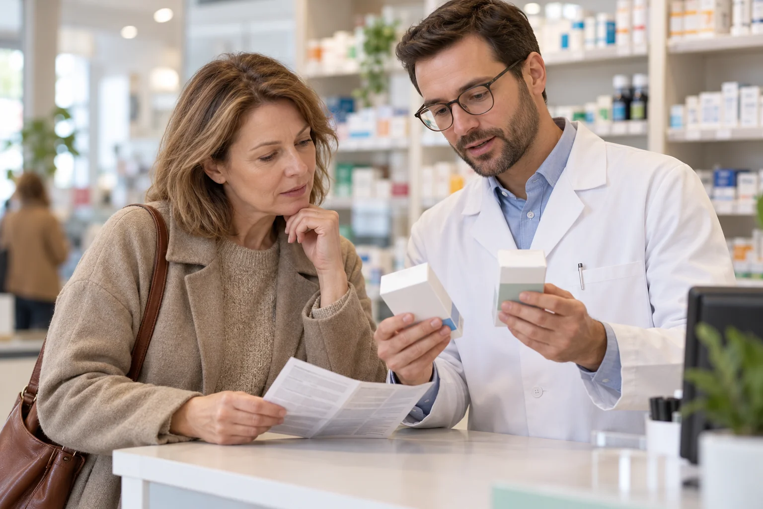 Farmaceuta omawia opakowania leków i ulotkę z pacjentką
