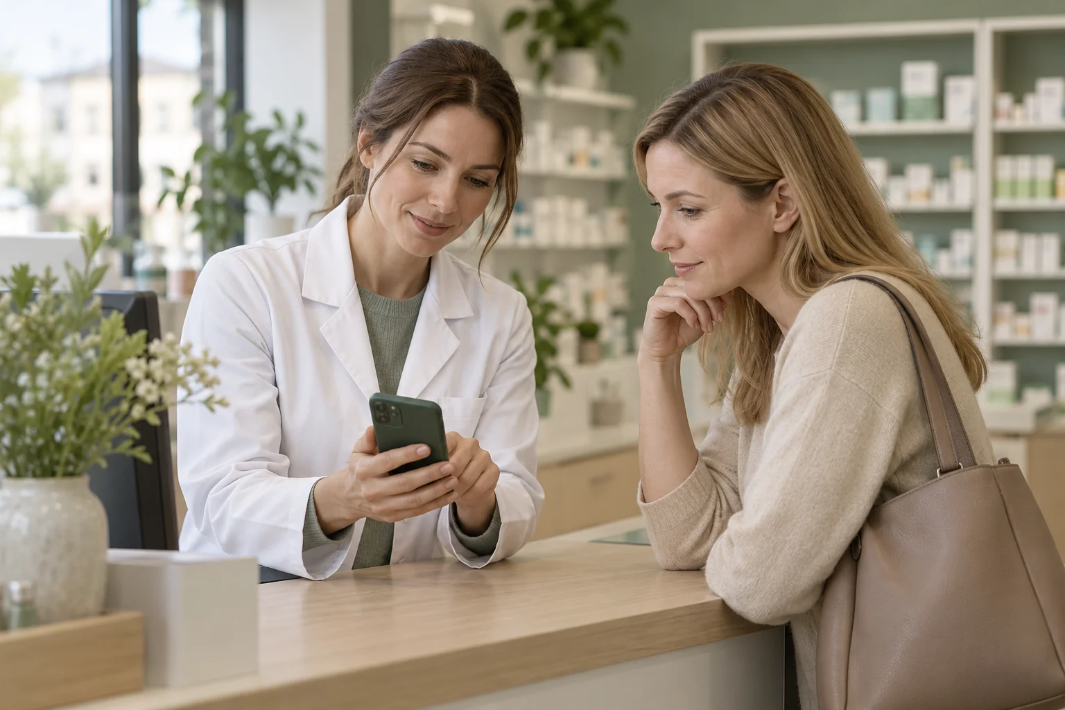 Farmaceutka pokazuje pacjentce telefon przy aptecznej ladzie