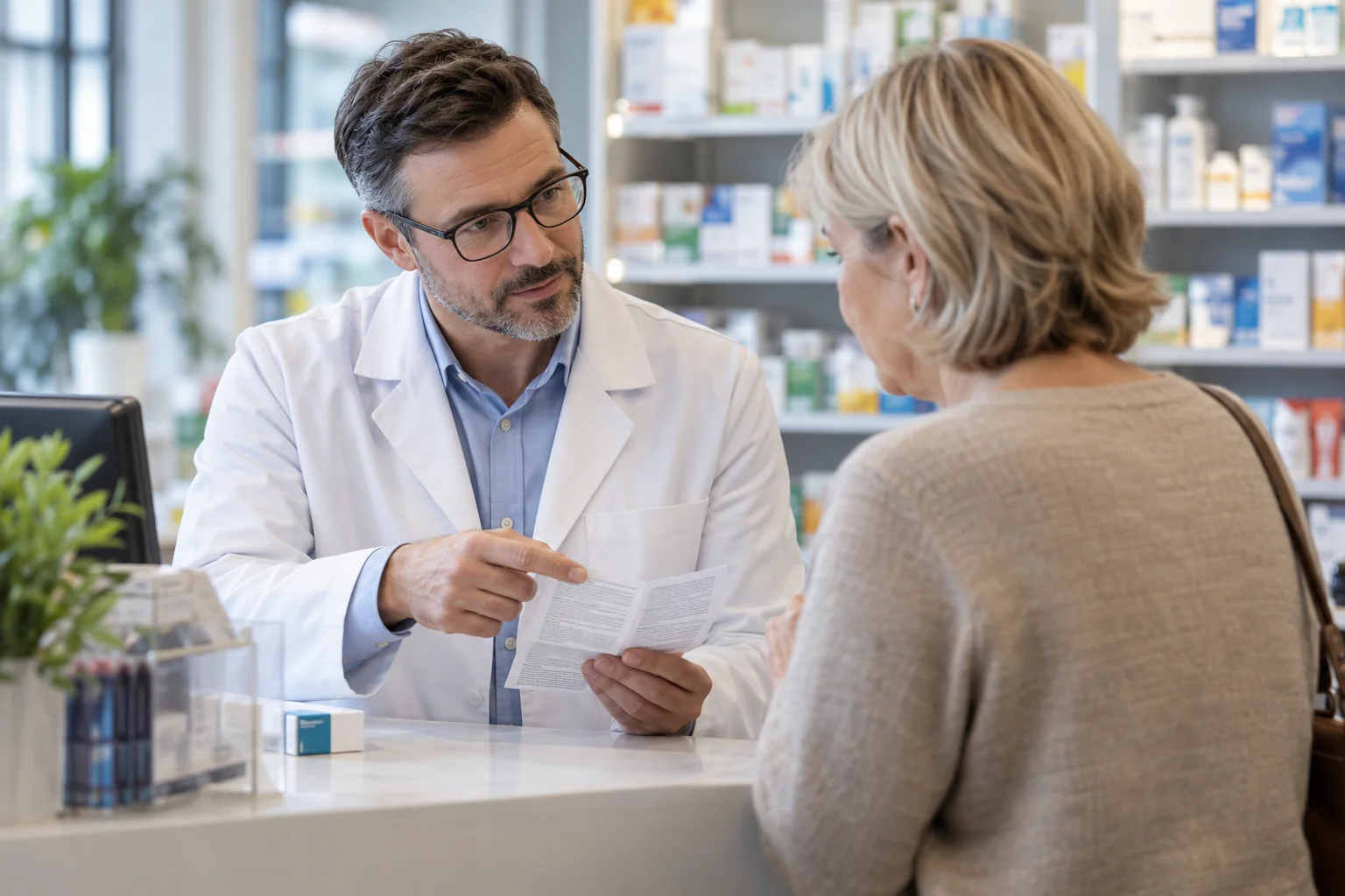 Farmaceuta omawia ulotkę leku z pacjentką przy aptecznym blacie