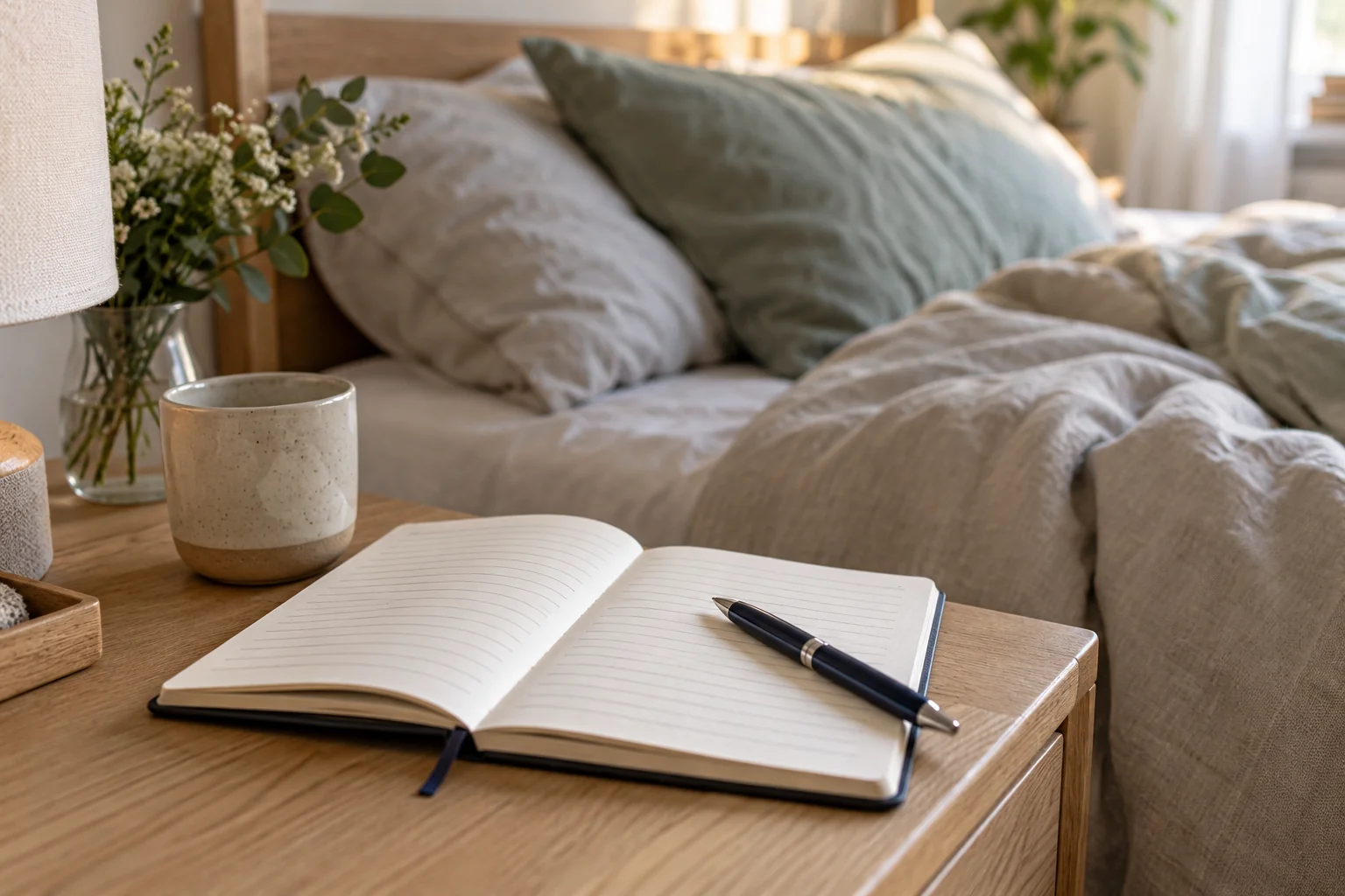 Otwarty notes i długopis na stoliku przy łóżku w porannym świetle