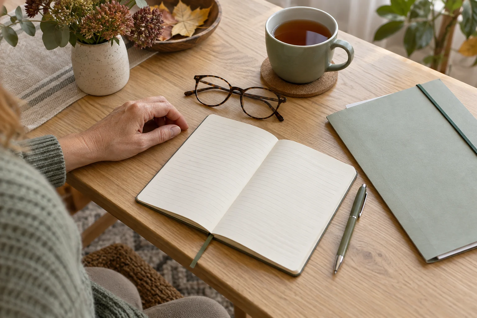 Otwarty notes, okulary i teczka na dokumenty leżą na stole obok dłoni kobiety