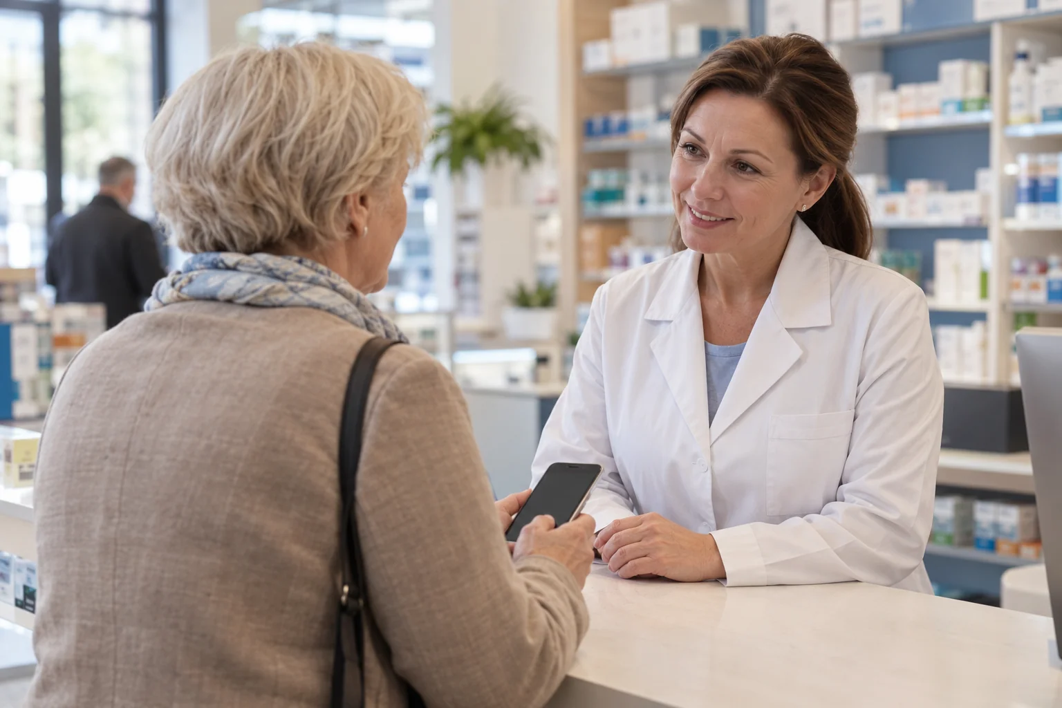 Pacjentka z telefonem rozmawia z farmaceutką przy aptecznym blacie