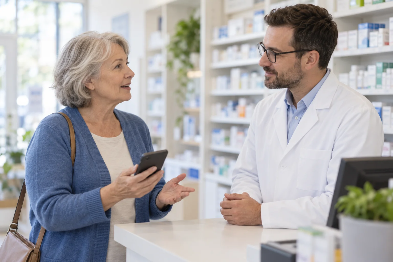 Pacjentka z telefonem rozmawia z farmaceutą przy aptecznej ladzie