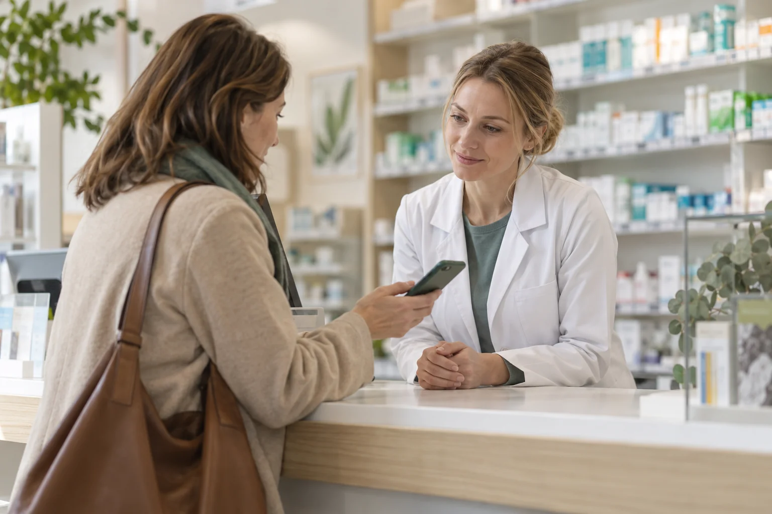 Pacjentka konsultująca z farmaceutką informacje o e-recepcie