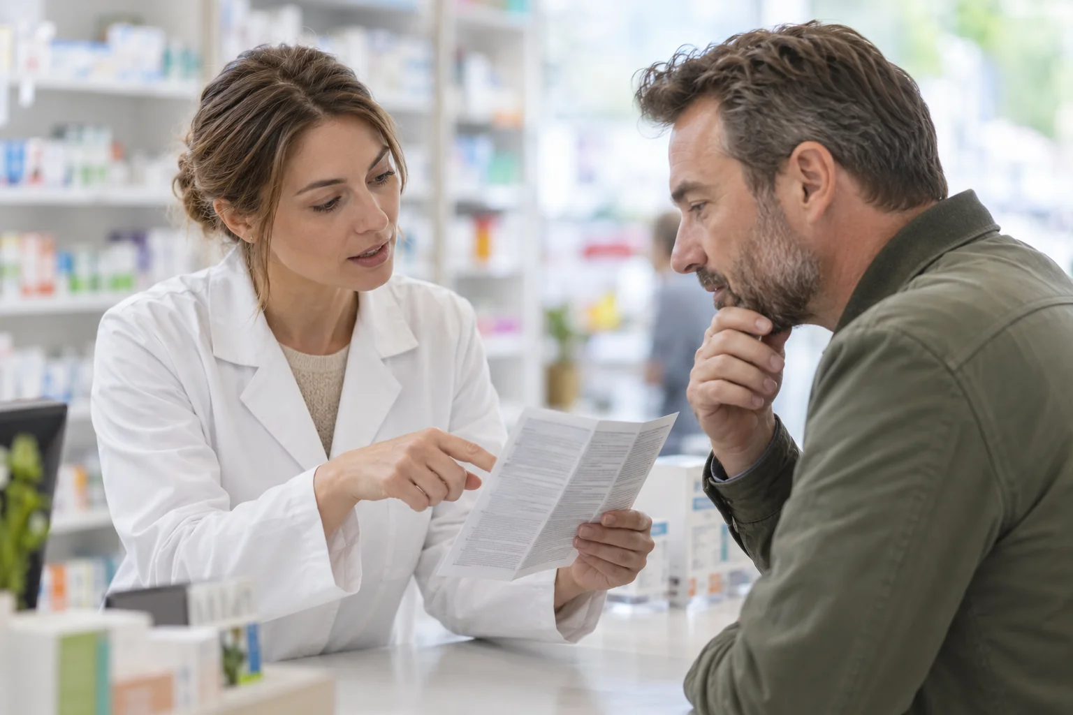 Farmaceutka omawia ulotkę leku z pacjentem przy aptecznym blacie