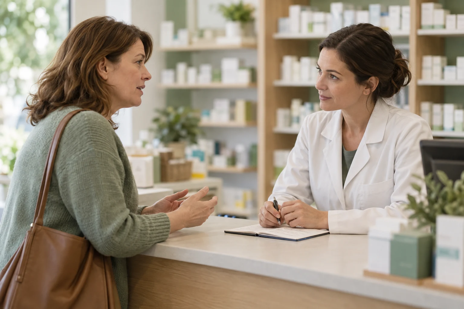 Kobieta rozmawia z farmaceutką przy ladzie aptecznej; między nimi leży otwarty notes