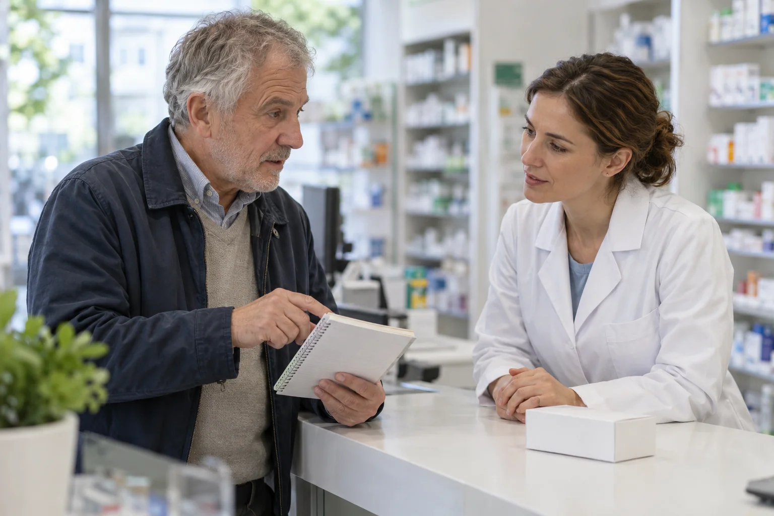 Pacjent pokazuje farmaceutce notes podczas sprawdzania przyjmowanych leków
